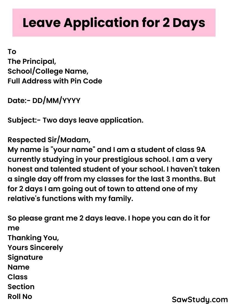 write a application for 2 days leave