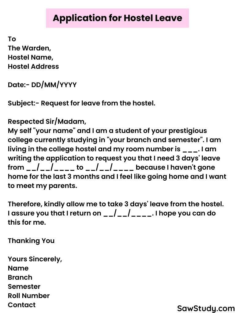 application letter to leave a hostel